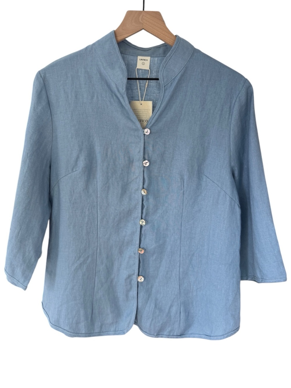 Lintico Amelia Top Blouse 100% Linen Powder Blue L Button Front Jacket NWT